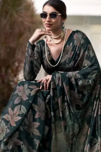 green floral lurex brasso saree with subtle shine  alara catalogue