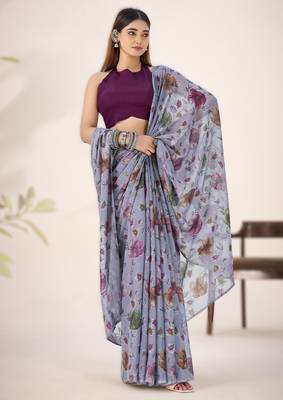 grey floral lurex brasso saree with natural art silk blend blouse 1