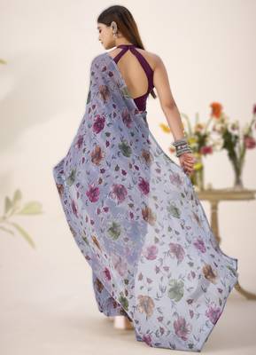 grey floral lurex brasso saree with natural art silk blend blouse 2