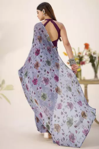 grey floral lurex brasso saree with natural art silk blend blouse