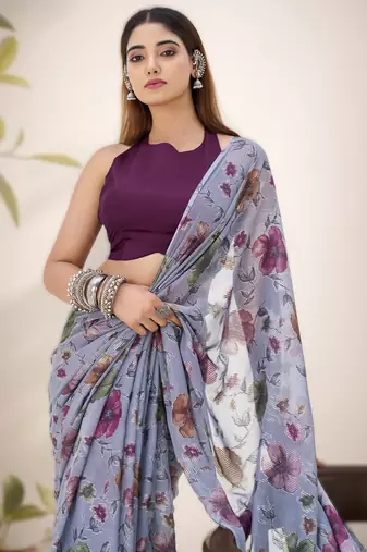 grey floral lurex brasso saree with natural art silk blend blouse