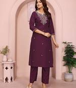 Magenta roman floral embroidery straight neck kurta set