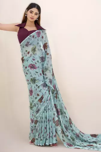 sea green floral lurex brasso saree with natural art silk blouse