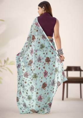 sea green floral lurex brasso saree with natural art silk blend blouse 2