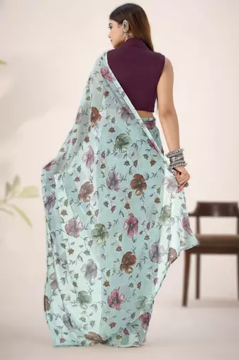 sea green floral lurex brasso saree with natural art silk blend blouse
