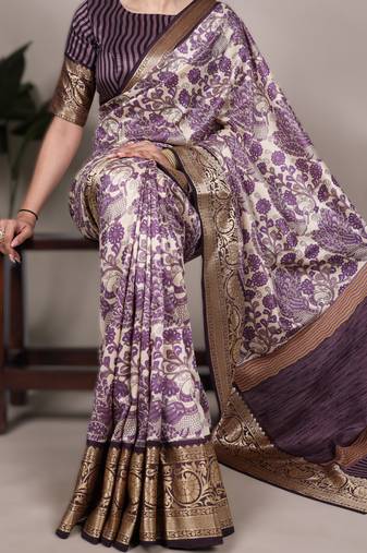 lavendr printed tasar art silk saree with shimmering viscose border