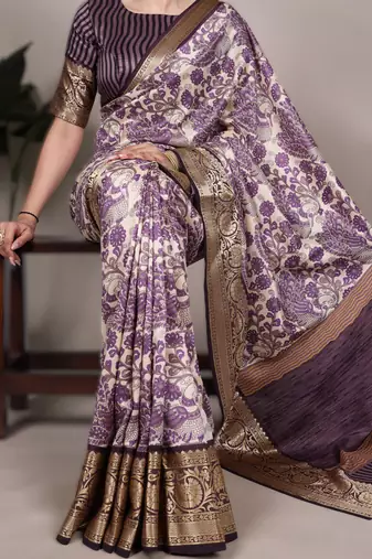 lavendr printed tasar art silk saree with shimmering viscose border