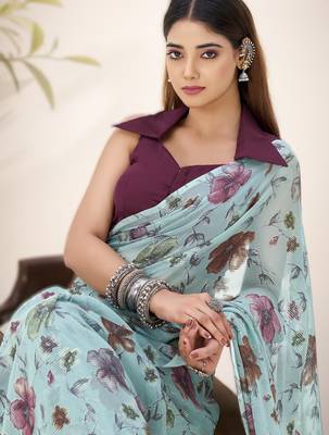 sea green floral lurex brasso saree with natural art silk blend blouse 3
