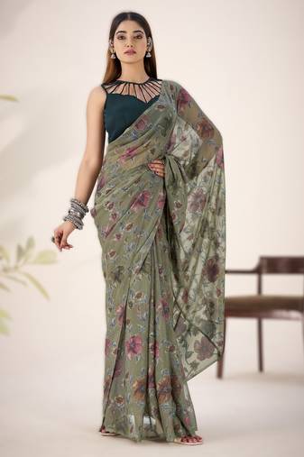 mehendi floral lurex brasso saree with natural art silk blouse