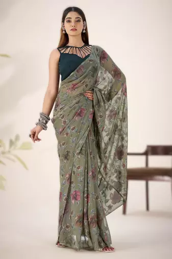 mehendi floral lurex brasso saree with natural art silk blouse