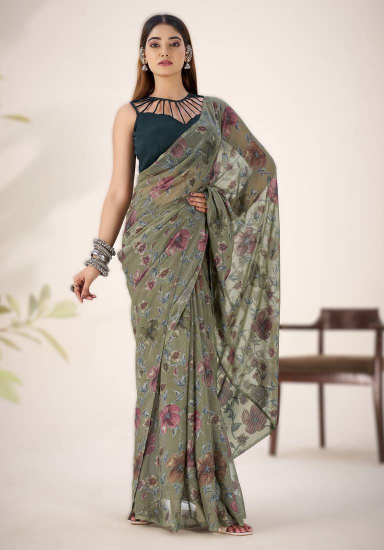 mehendi floral lurex brasso saree with natural art silk blouse