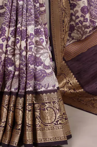 lavendr printed tasar art silk blend saree with shimmering viscose border