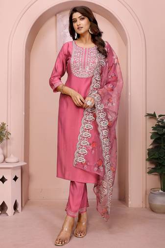 Rose pink roman plain embroidery straight round neck kurta set