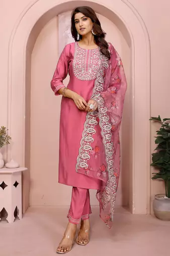 Rose pink roman plain embroidery straight round neck kurta set