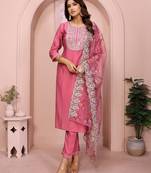 Rose pink roman plain embroidery straight round neck kurta set