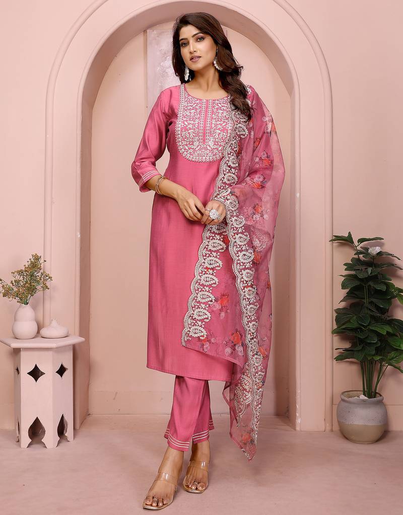 Rose pink roman plain embroidery straight round neck kurta set