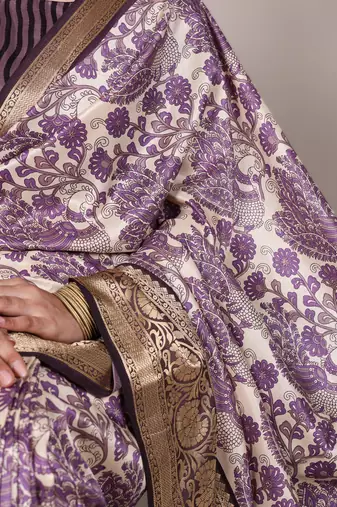 lavendr printed tasar art silk blend saree with shimmering viscose border