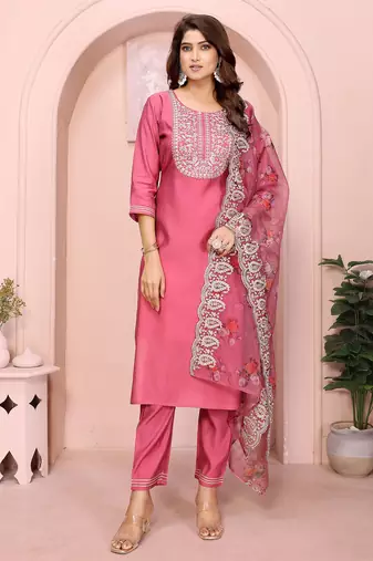 Rose pink roman plain embroidery straight round neck kurta set