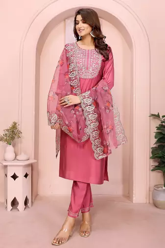 Rose pink roman plain embroidery straight round neck kurta set
