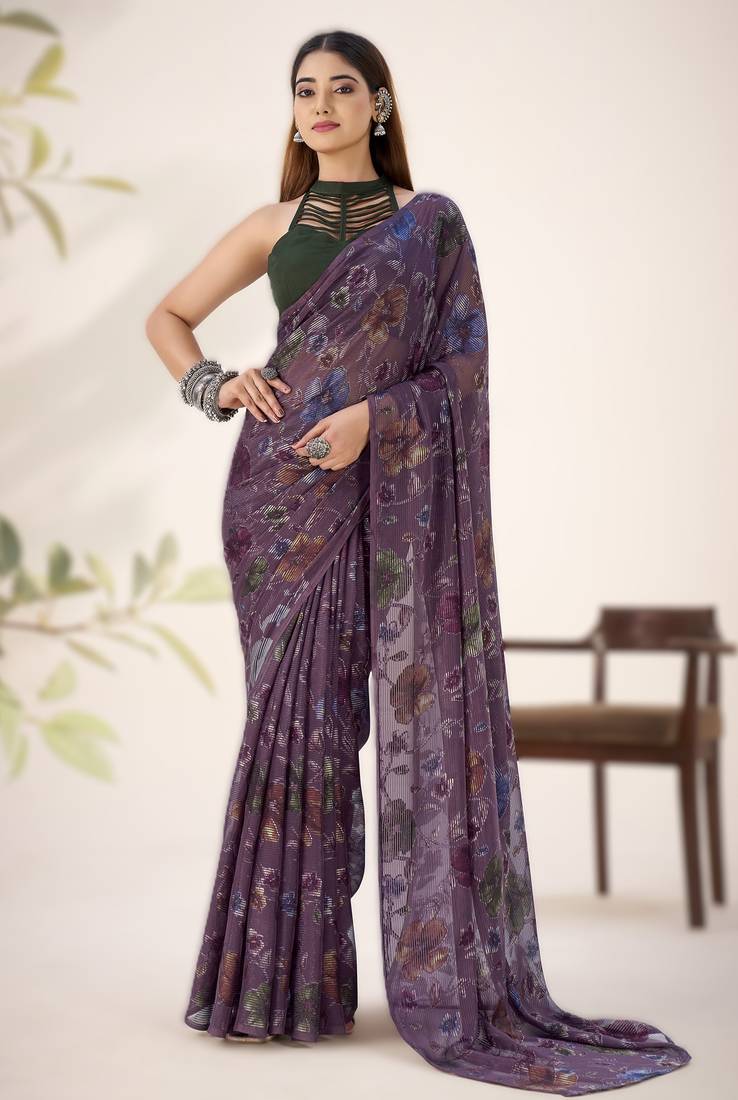 wine floral lurex brasso saree with natural art silk blouse