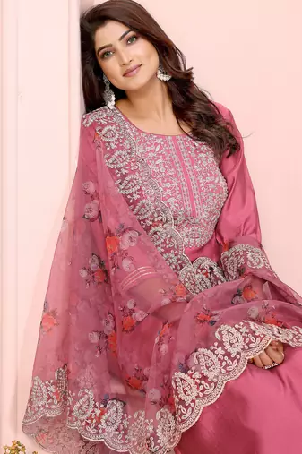 Rose pink roman plain embroidery straight round neck kurta set