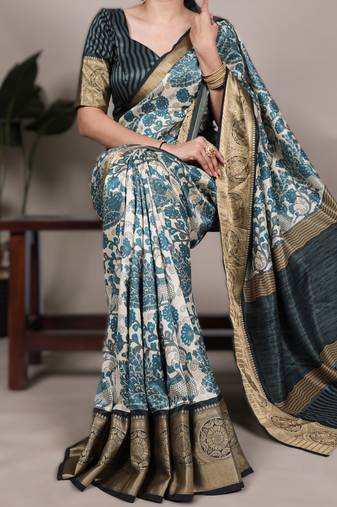 sea blue printed tasar art silk saree with shimmering viscose border