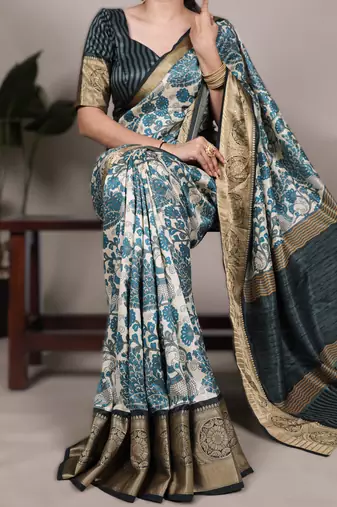 sea blue printed tasar art silk saree with shimmering viscose border