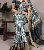 sea blue printed tasar art silk saree with shimmering viscose border