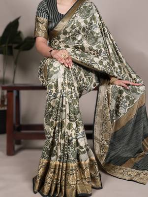 mehendi printed tasar art silk blend saree with shimmering viscose border 1