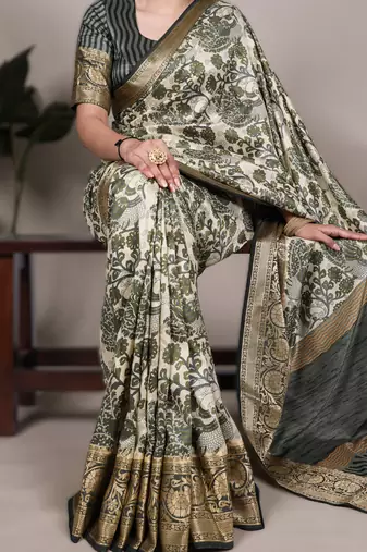 mehendi printed tasar art silk saree with shimmering viscose border