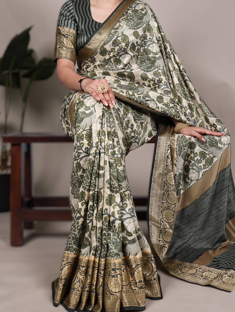 mehendi printed tasar art silk saree with shimmering viscose border