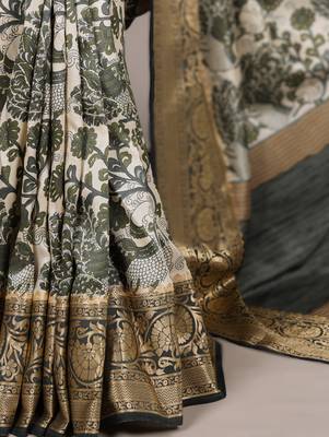 mehendi printed tasar art silk blend saree with shimmering viscose border 2
