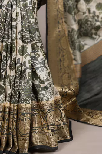 mehendi printed tasar art silk blend saree with shimmering viscose border