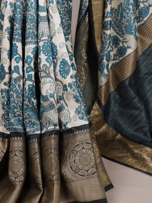 sea blue printed tasar art silk blend saree with shimmering viscose border 3