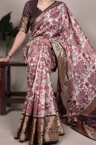 pink printed tasar art silk saree with shimmering viscose border