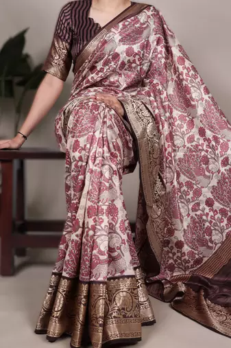 pink printed tasar art silk saree with shimmering viscose border