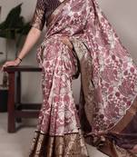 pink printed tasar art silk saree with shimmering viscose border