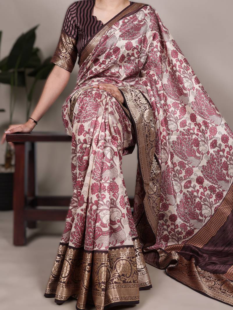 pink printed tasar art silk saree with shimmering viscose border
