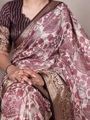 pink printed tasar art silk blend saree with shimmering viscose border 2