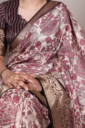 pink printed tasar art silk blend saree with shimmering viscose border