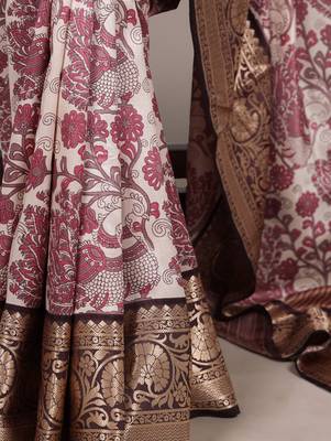 pink printed tasar art silk blend saree with shimmering viscose border 3