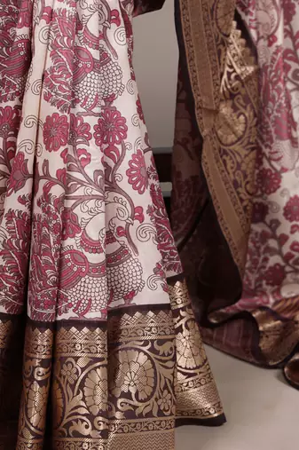pink printed tasar art silk blend saree with shimmering viscose border