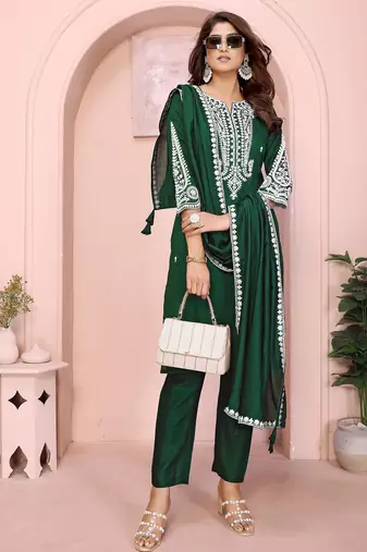 Dark green vichitra silk floral embroidery straight neck kurta set