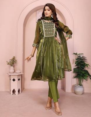 Olive green organza yoke embroidery a line round neck kurta set 1