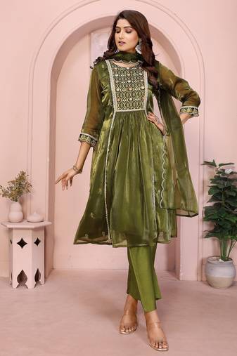 Olive green organza yoke embroidery a line round neck kurta set