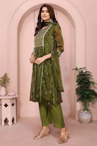 Olive green organza yoke embroidery a line round neck kurta set