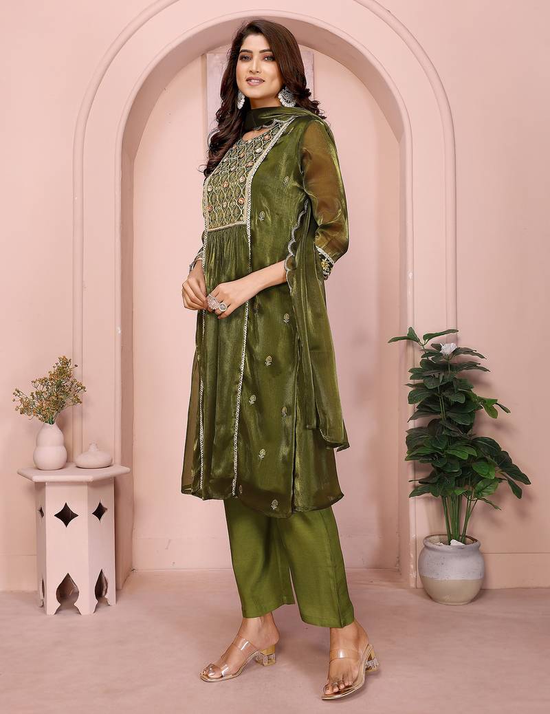 Olive green organza yoke embroidery a line round neck kurta set