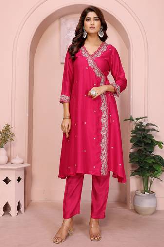 pink vichitra silk floral embroidery angrakha kurta set