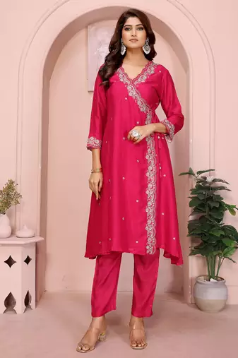 pink vichitra silk floral embroidery angrakha kurta set