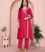 pink vichitra silk floral embroidery angrakha kurta set